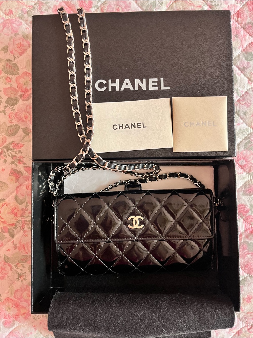 CHANEL Black Quilted Patent Leather Crossbody Bag with Gold CC
